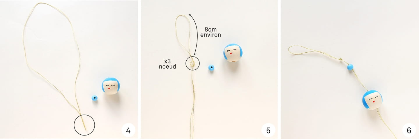 3 images explicatives, numérotées 1, 2 et 3 avec des créations faites à la main, du fil et des perles